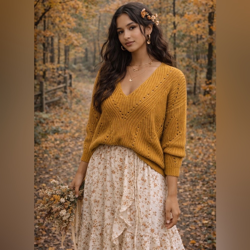 Moon & Madison Mustard yellow V-Neck Sweater large boho cottagecore prairie